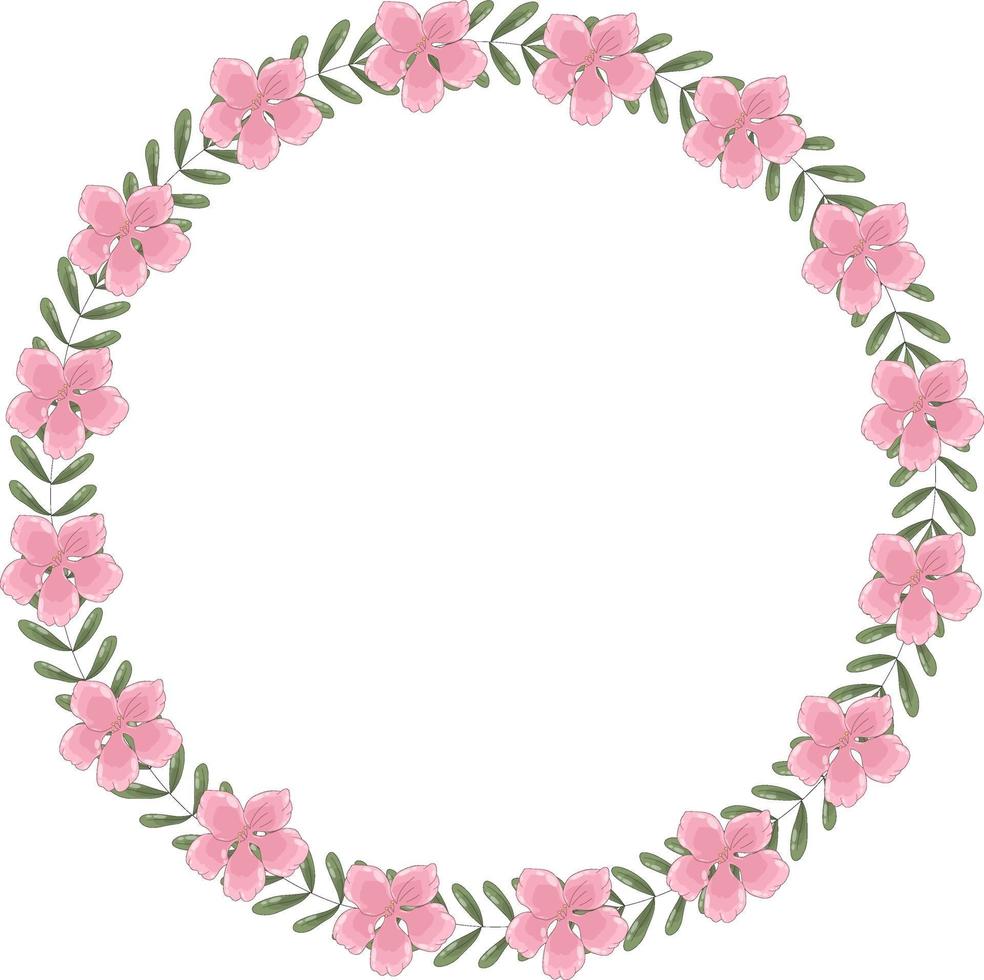 Vector round wreath of pink blooming flowers and green leaves. The frame has place for text inside.