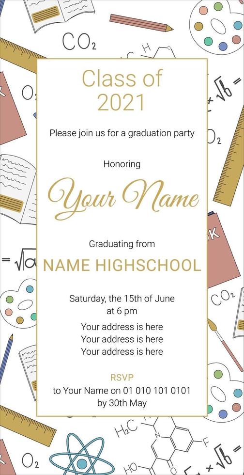 Graduation party vector template invitation to the traditional ceremony, college, university or high school student party. Perfect for post cards.