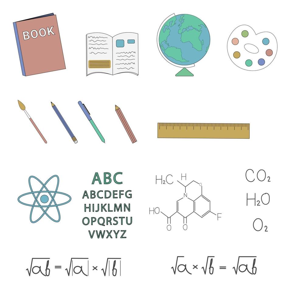School objects and subjects linear set. Vector items.