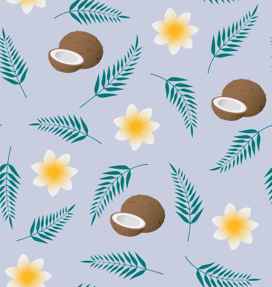 Seamless vector tropical pattern with coconut, palm leaves and plumeria on blue background. Perfect for wallpaper, background, textile, fabric or wrapping paper.
