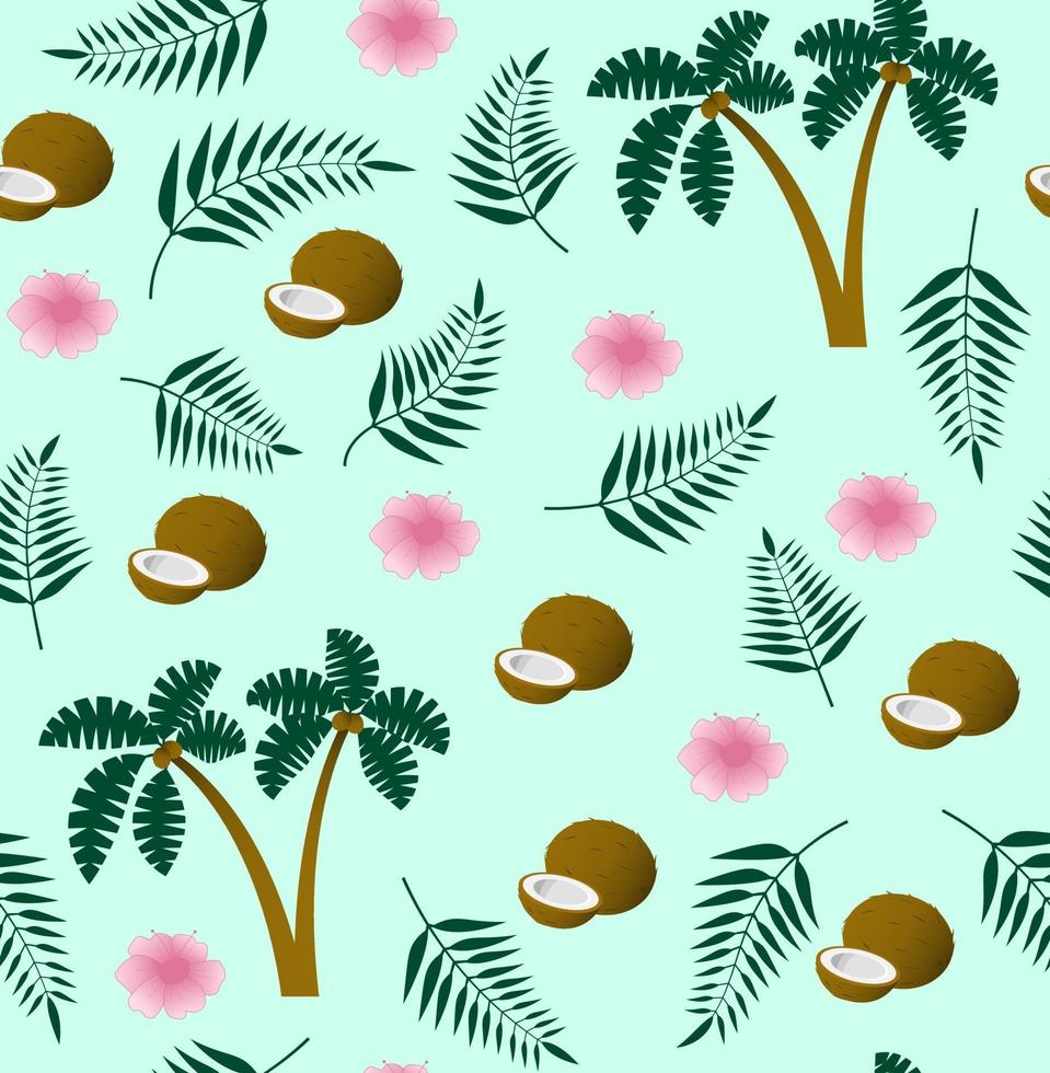 Seamless vector tropical pattern with coconut, palm leaves, palm tree and flower on blue background. Perfect for wallpaper, background, textile or wrapping paper.