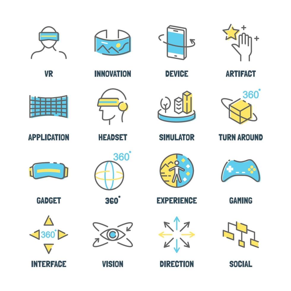 virtual reality vector line icons with flat colors