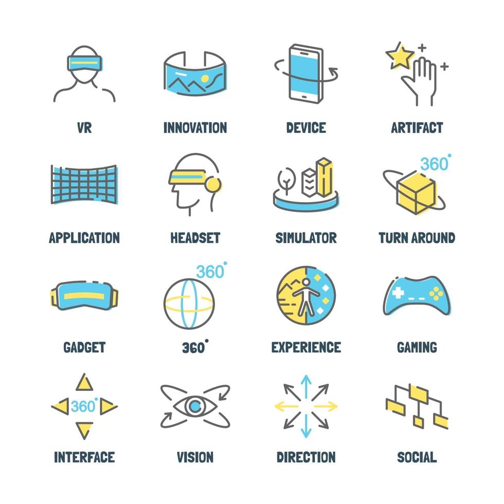 iconos de línea de vector de realidad virtual con colores planos