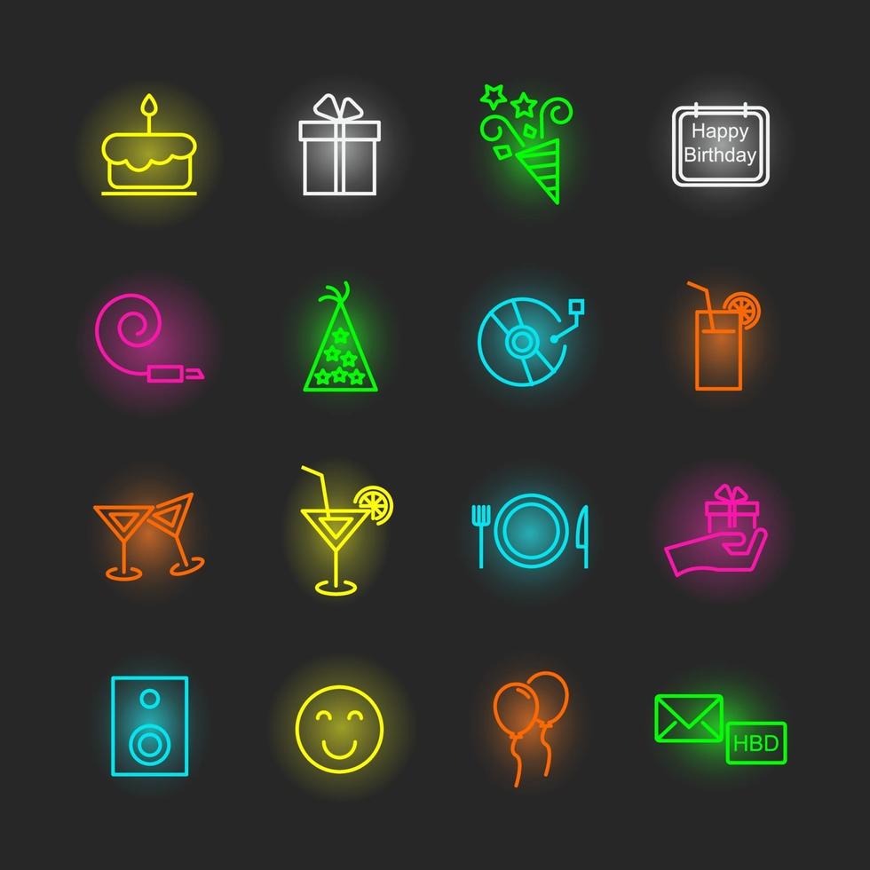 conjunto de iconos de neón de cumpleaños vector