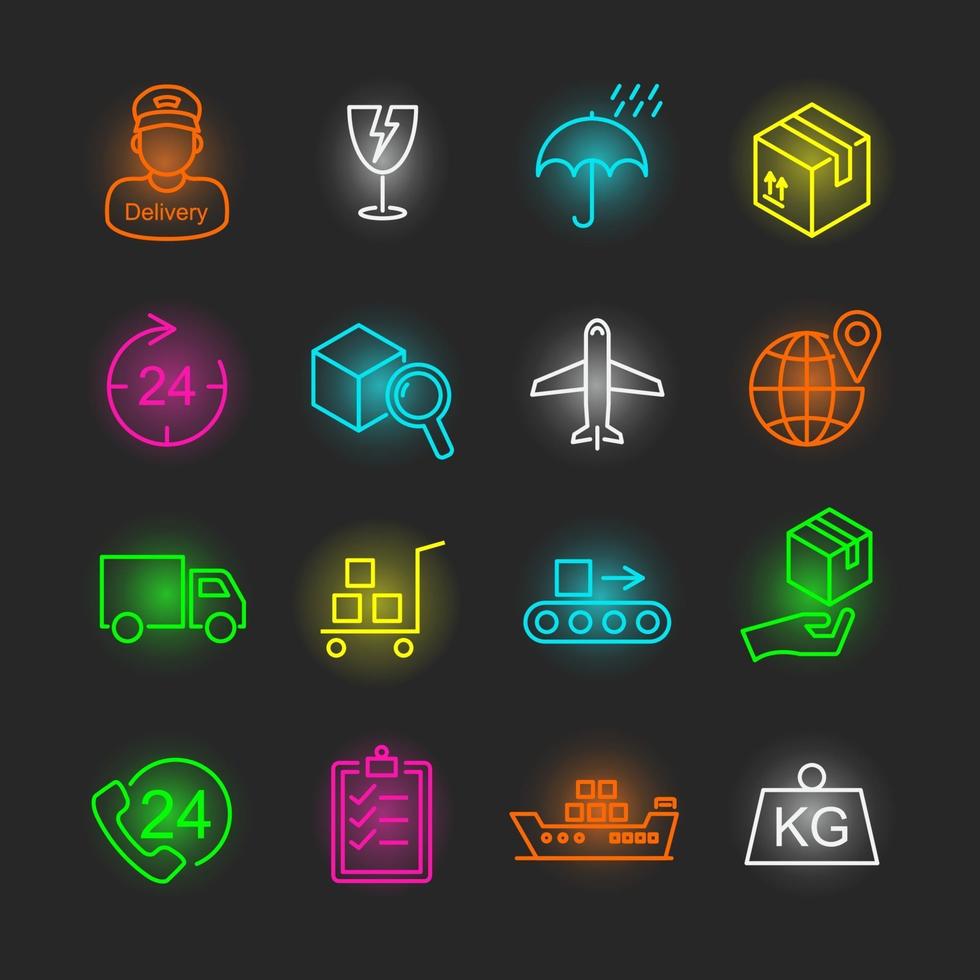 conjunto de iconos de neón logístico vector