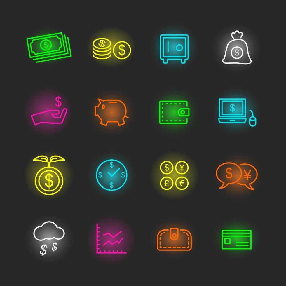 conjunto de iconos de neón de dinero vector