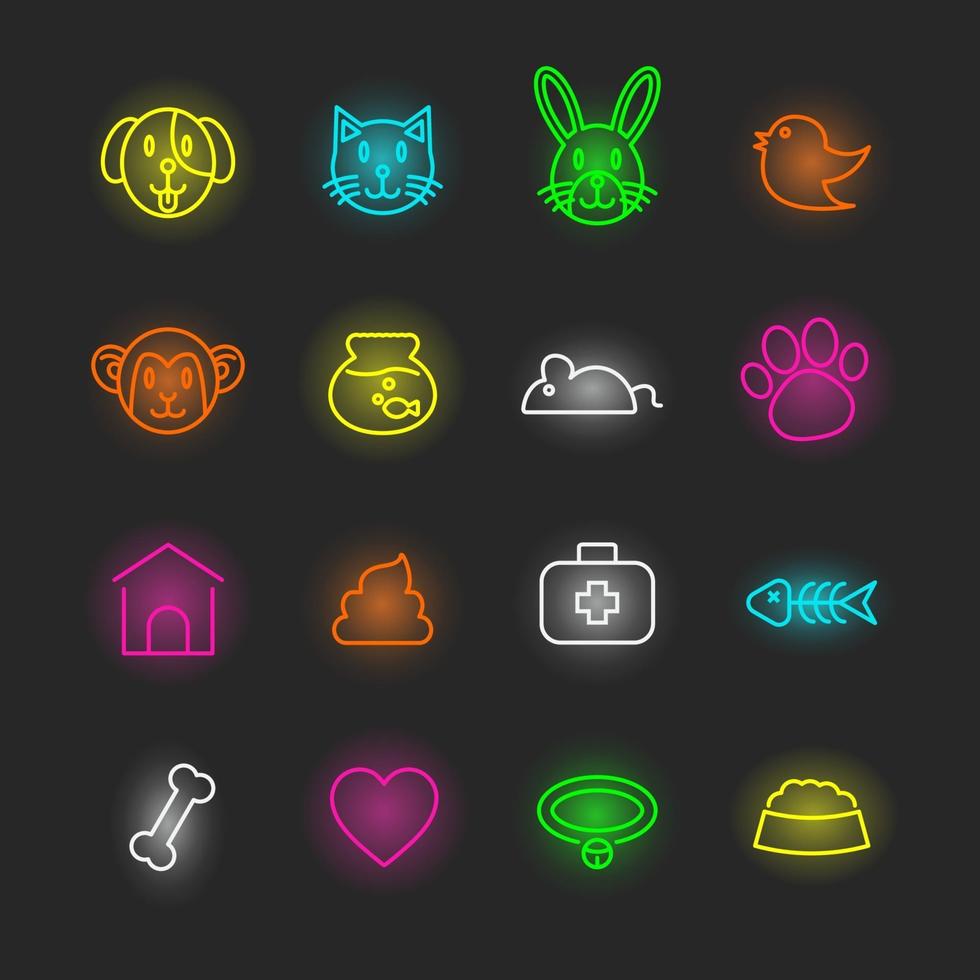 conjunto de iconos de neón para mascotas vector