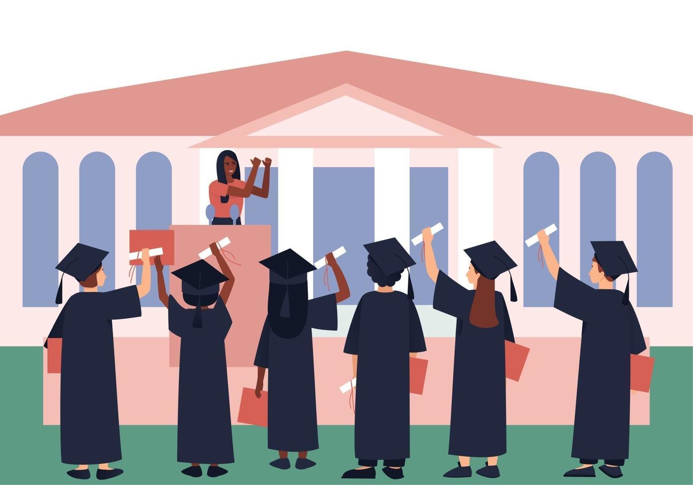 Graduates with diplomas and scrolls are listening to a graduation motivational parting words vector