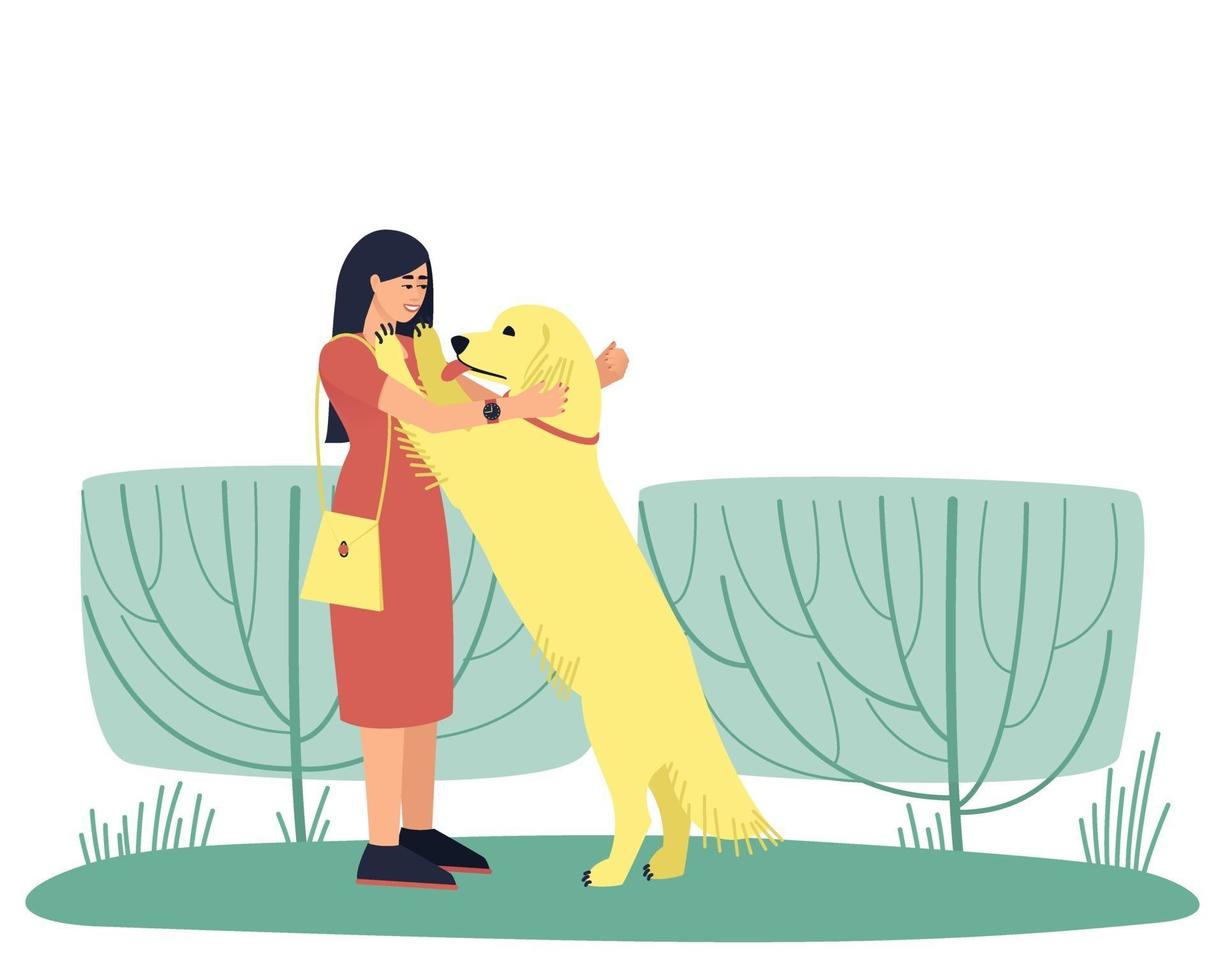 Dog handler hugs her golden Labrador dog vector