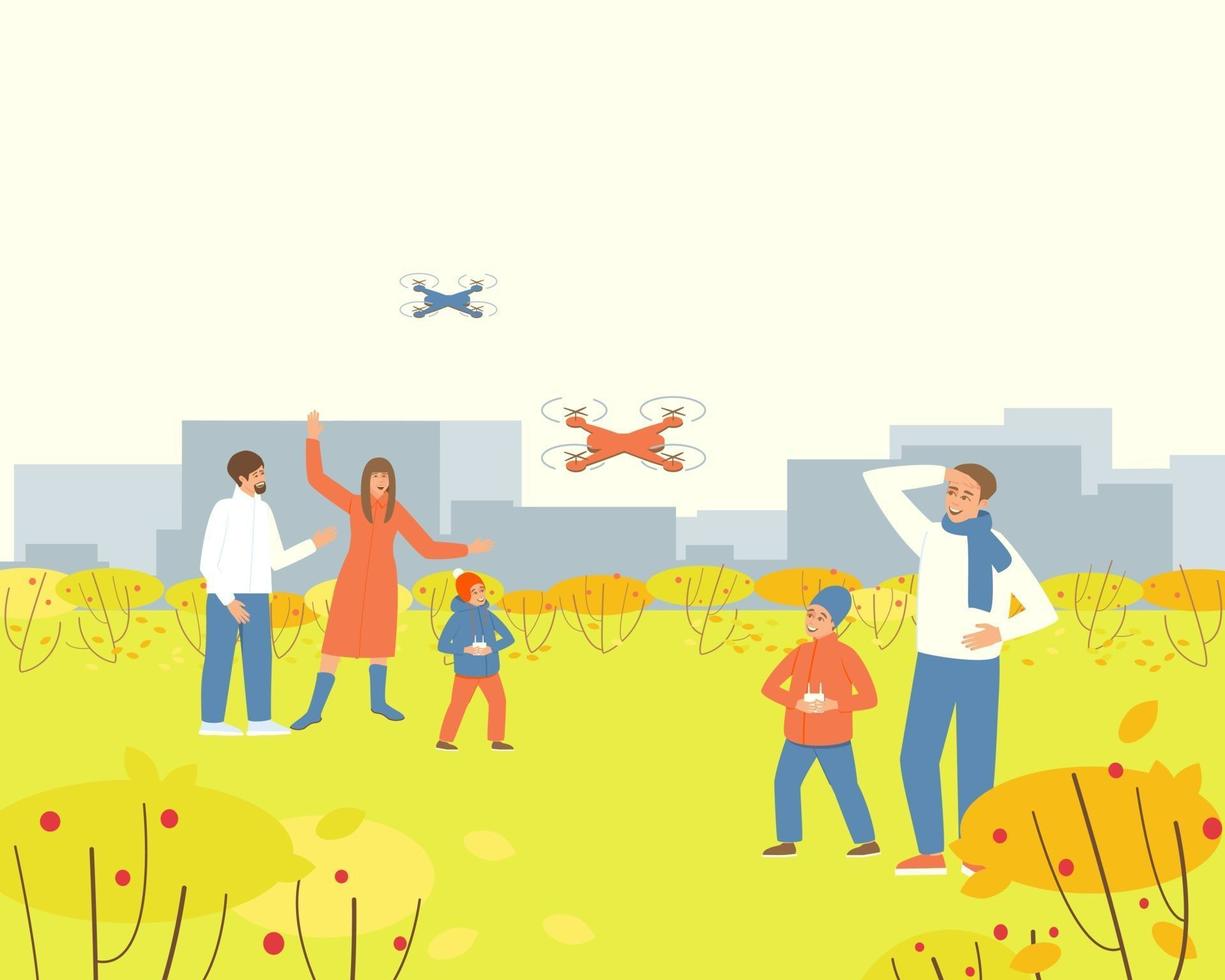 Parents watching children playing with drone in the autumn park vector