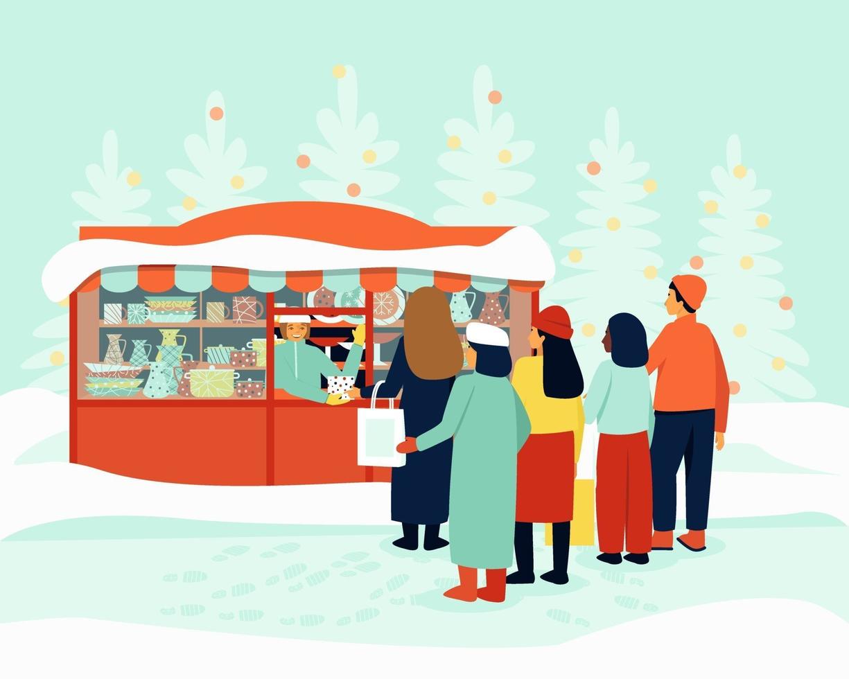 Queue at the kiosk for festive dishes vector