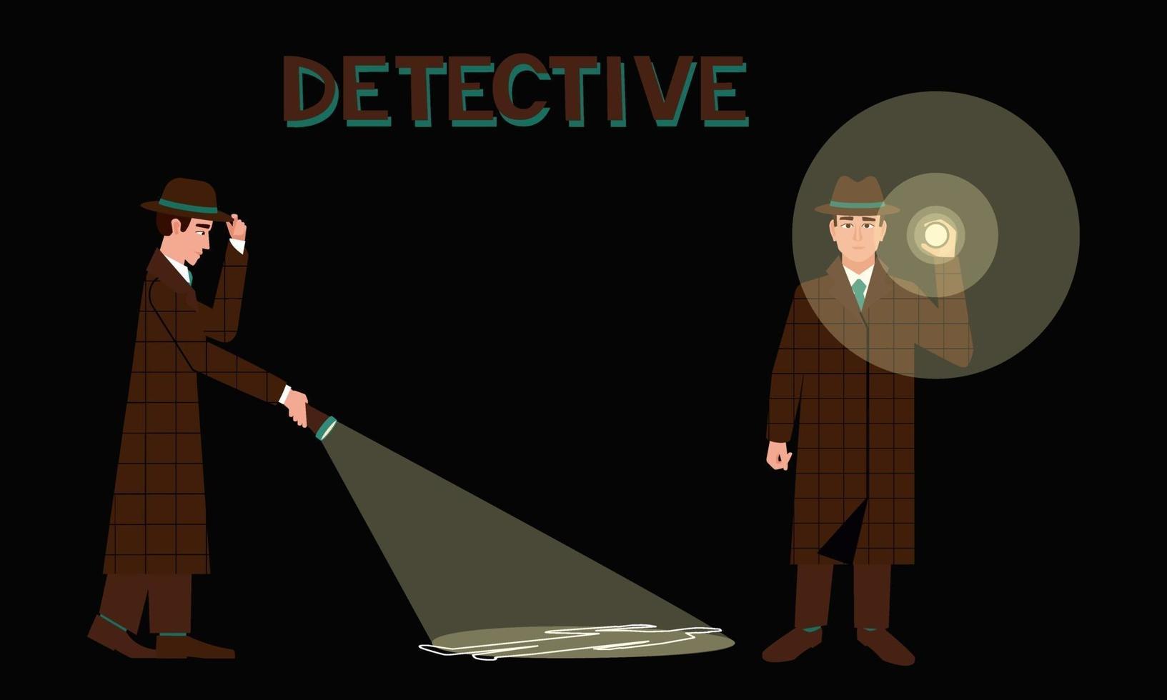 Detective with a flashlight in two different poses vector