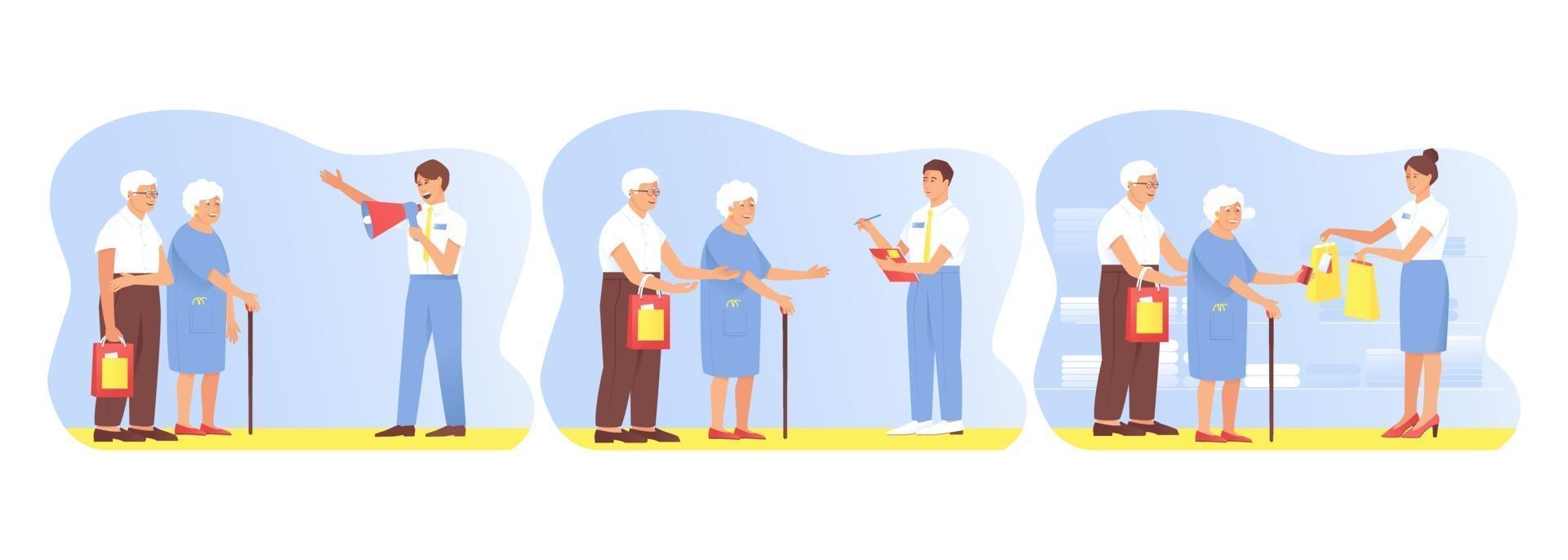 Set with an elderly couple traveling and shopping vector