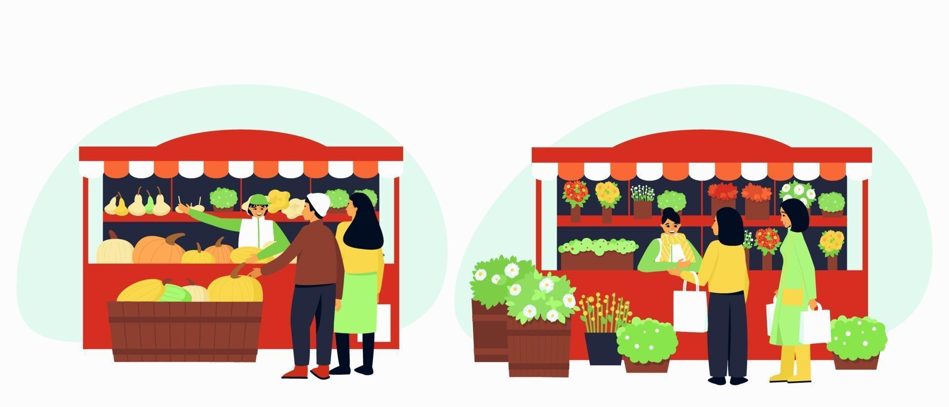 Set of two stalls with vegetables and flowers vector