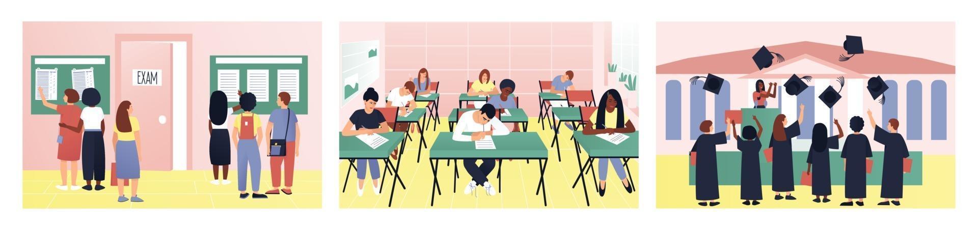 A set of varied and interesting student life. Students look at the exam results. Testing is underway in the classroom. At graduation, caps fly into the sky. Flat vector illustration.