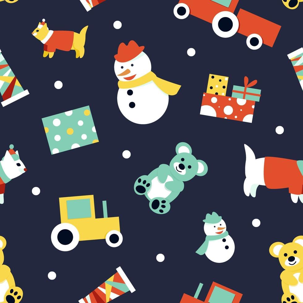 Seamless pattern with children's toys on a dark background. Christmas gifts bear, cat, tractor, snowman. Pattern for baby fabric for the winter season. Flat vector illustration