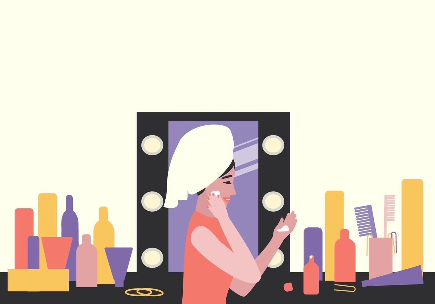 A woman takes care of her skin by applying cream to her face vector