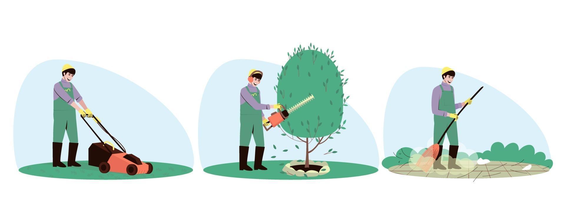 Set of male handyman character gardening vector