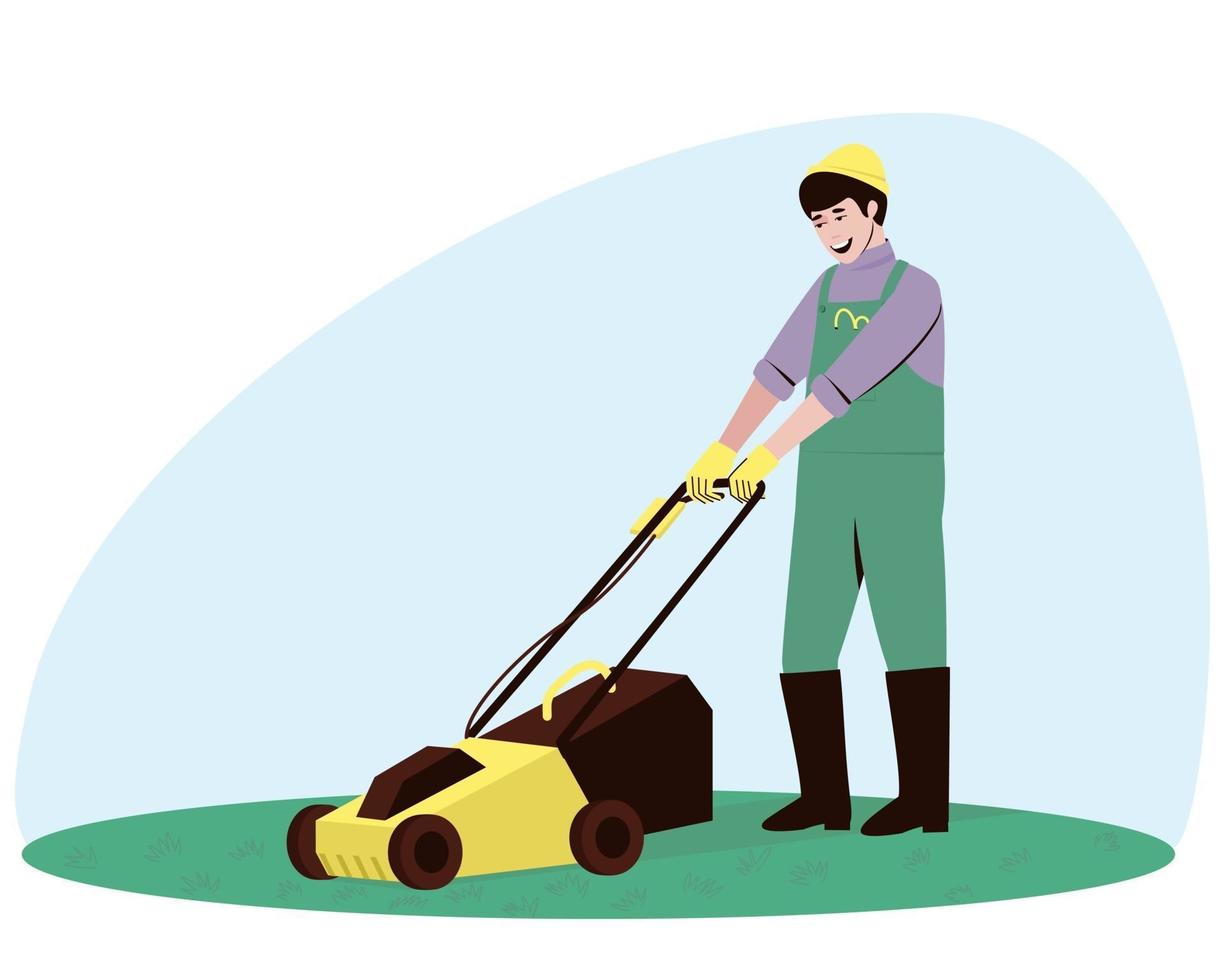 Male handyman character mowing grass vector