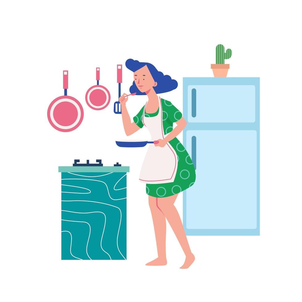 mujer cocinando en la cocina vector