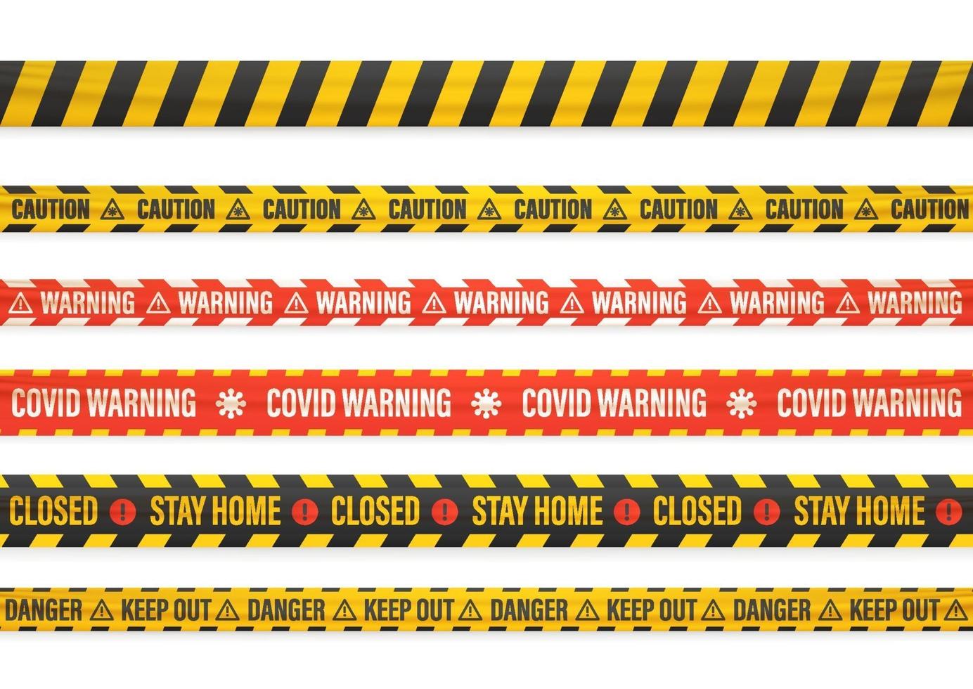 Different covid warning tape set isolated on white vector