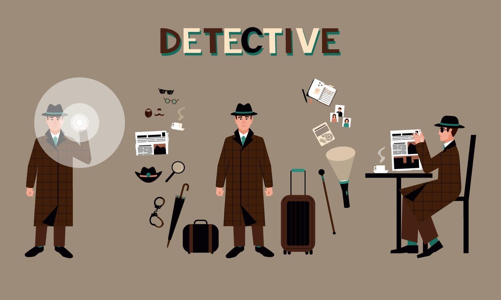 A set of a detective in a hat with a flashlight, in a coffee house, surrounded by accessories vector