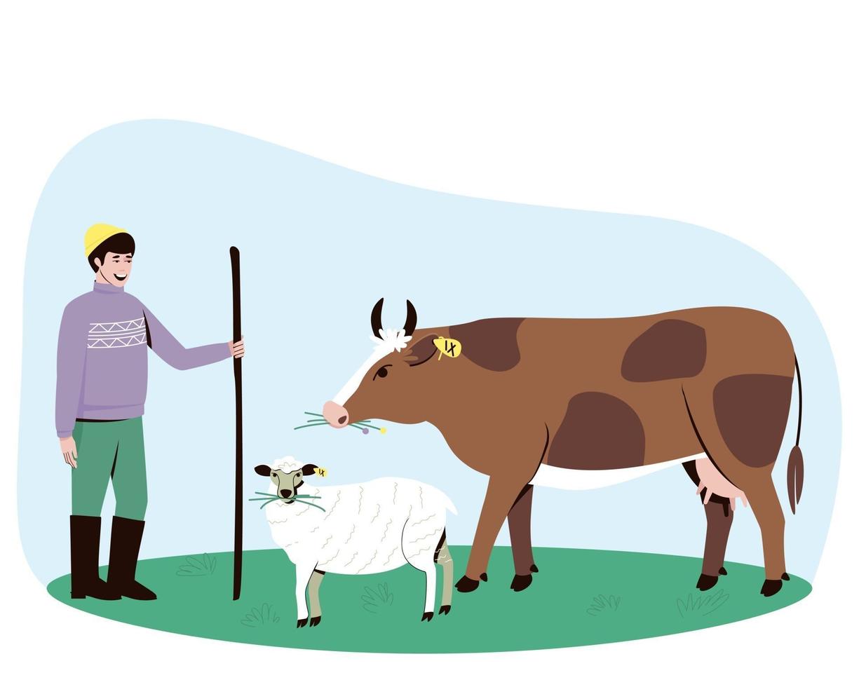 A shepherd leads a cow and a sheep to the pasture vector