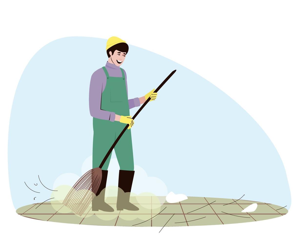 Using a broom, a man sweeps up small debris on the street vector