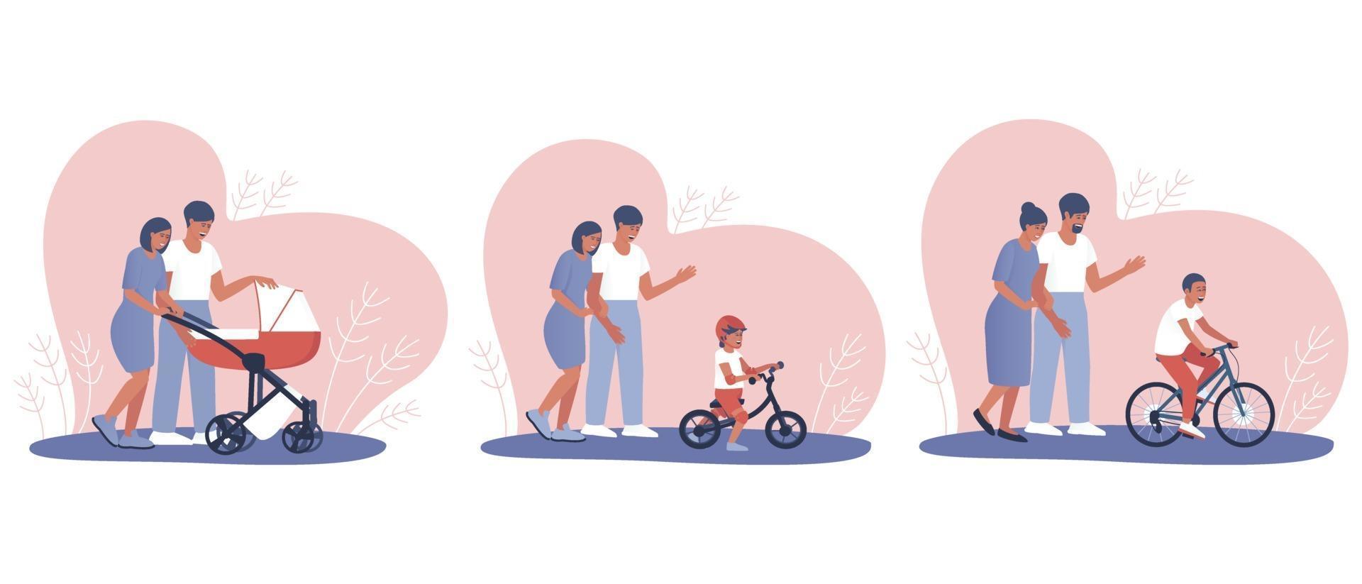 un conjunto de padres felices criando a un niño. vector