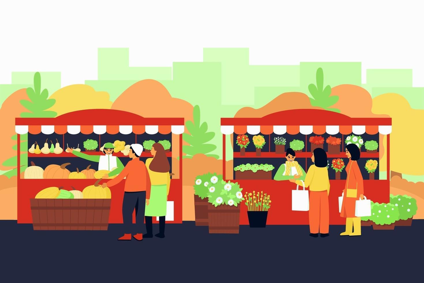 Autumn fair with vegetable and flower stalls vector