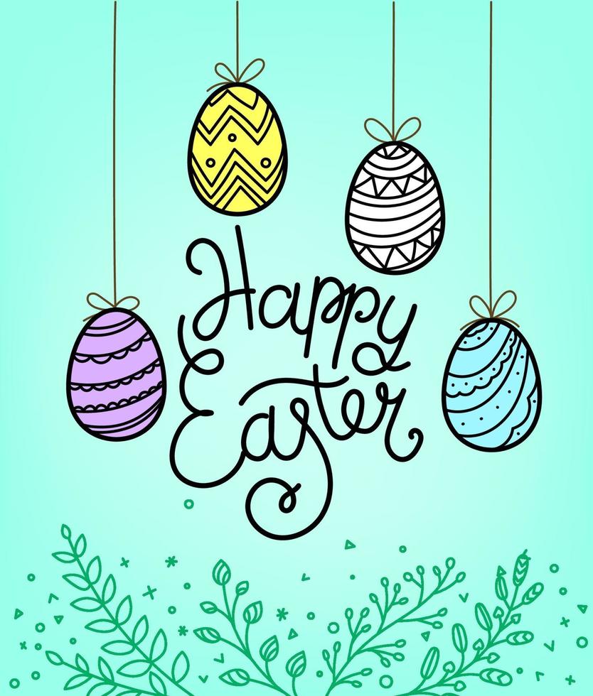 Happy Easter lettering inscription. Easter eggs in doodle style vector