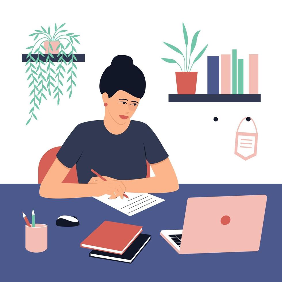 chica estudiante haciendo la tarea. una computadora portátil y un libro están sobre la mesa. concepto para aprender en casa de forma aislada o haciendo los deberes. ilustración vectorial plana. vector