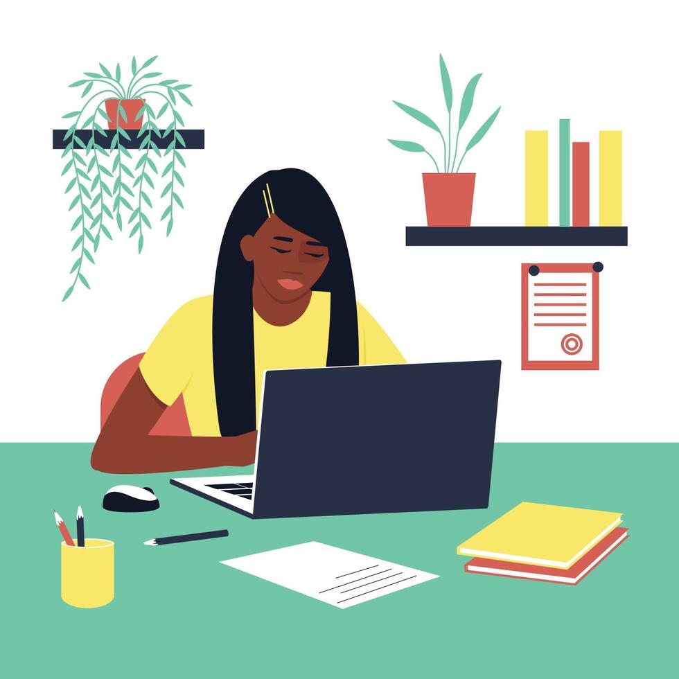 Student girl African American doing homework. A laptop and book are on the table. Concept for learning at home in isolation or doing homework. Flat vector illustration.