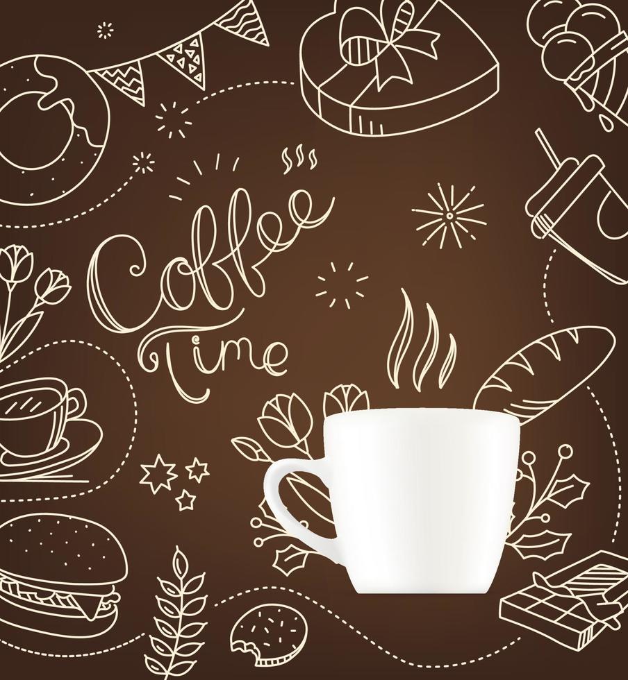 Coffee mug with doodle elements. Cafe menu design vector template