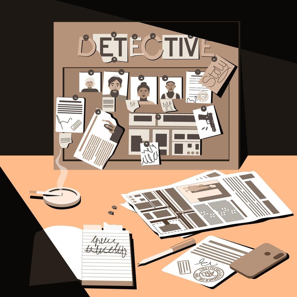 Desk of a detective, investigator and night shift worker vector