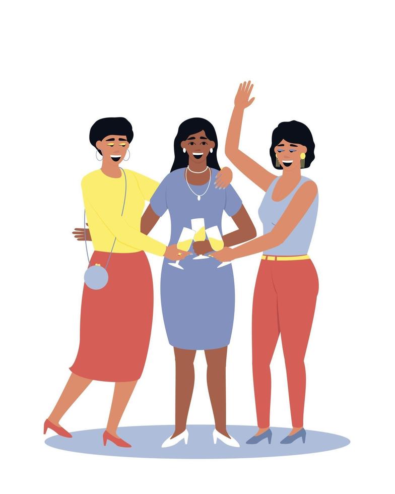 tres mujeres felices se divierten en la fiesta. ilustración vectorial plana aislada. vector