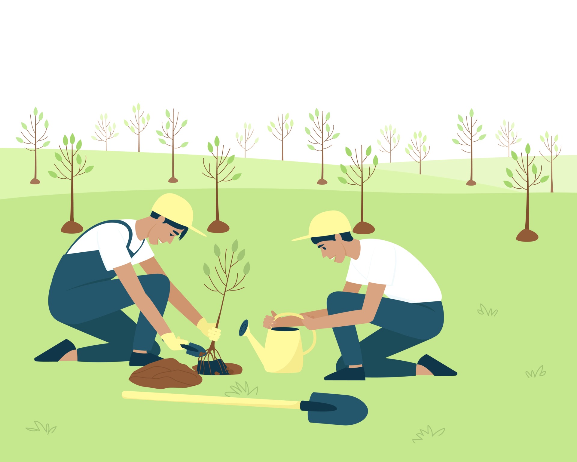 The gardener planted some. Дети сажают деревья вектор. Reforestation Concept illustration.