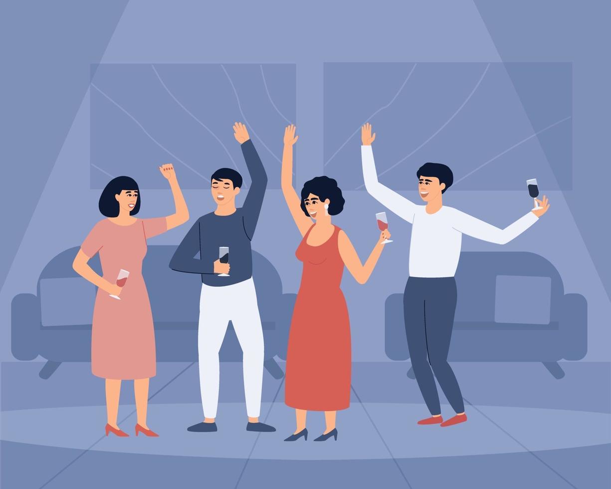 Un grupo de gente joven y feliz está bailando y sosteniendo copas de vino. vector