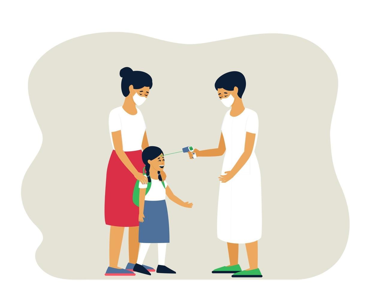 Masked adults measure the temperature of the child. vector