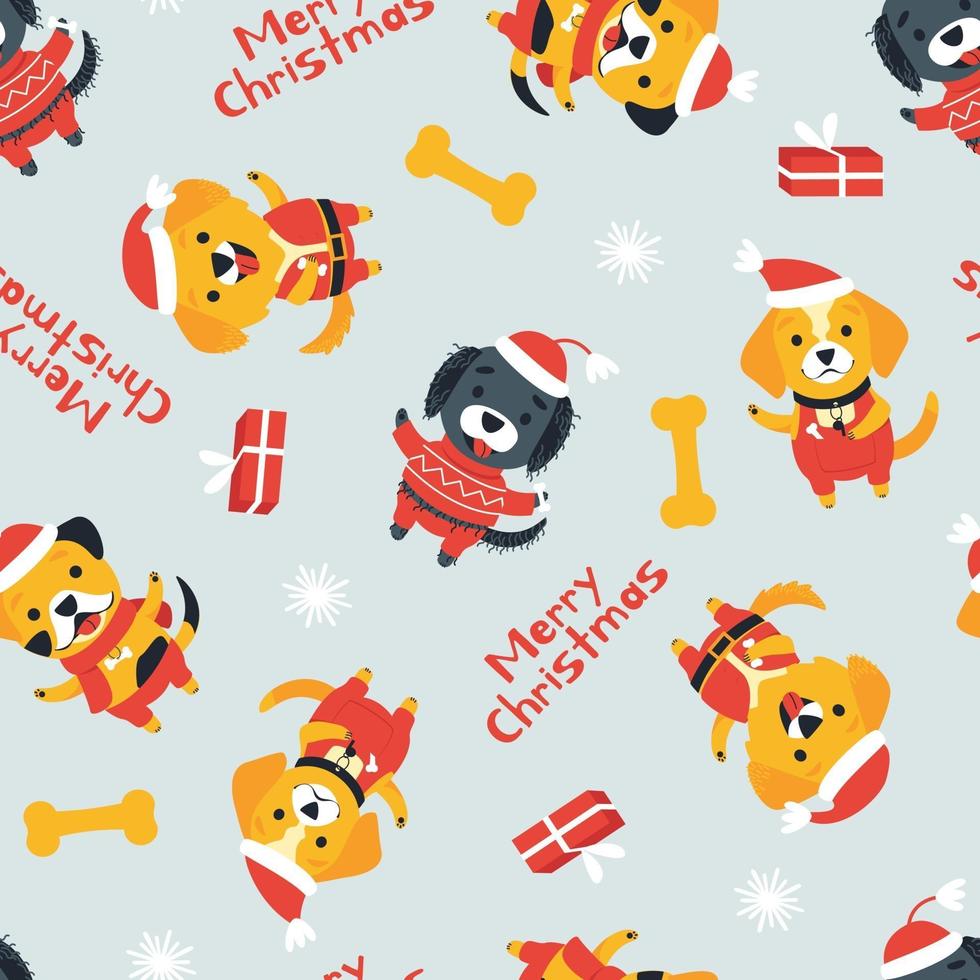 Seamless pattern of cute dogs of different breeds in Christmas costumes vector