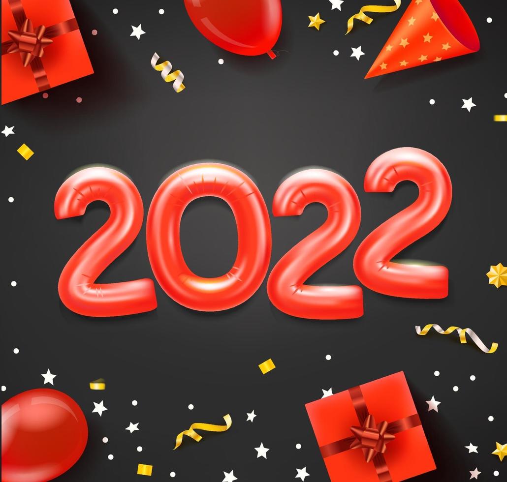 Happy new 2022 greeting card with red balloons and holiday accessories vector