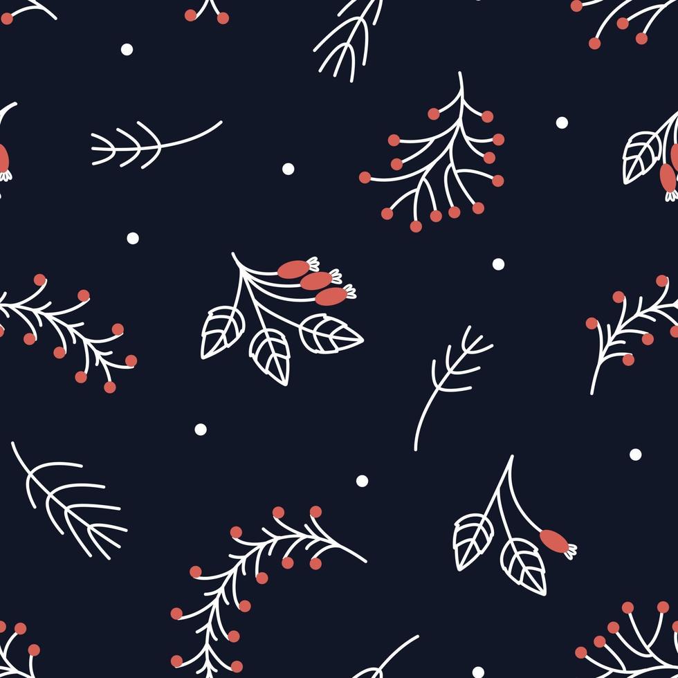 Patrón de Navidad sin costuras de ramitas de rosa silvestre, pino y serbal para diseño de tela vector