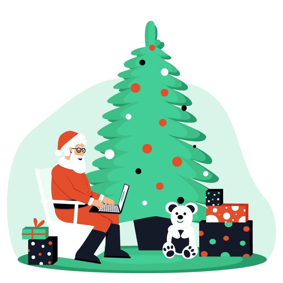 Cheerful Santa Claus with gifts near the Christmas tree receives emails vector