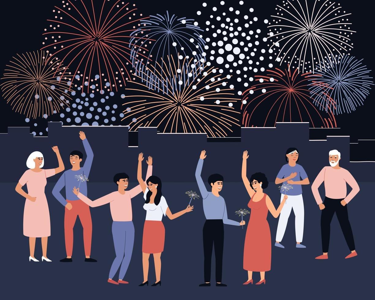 People celebrate fireworks in the city square vector