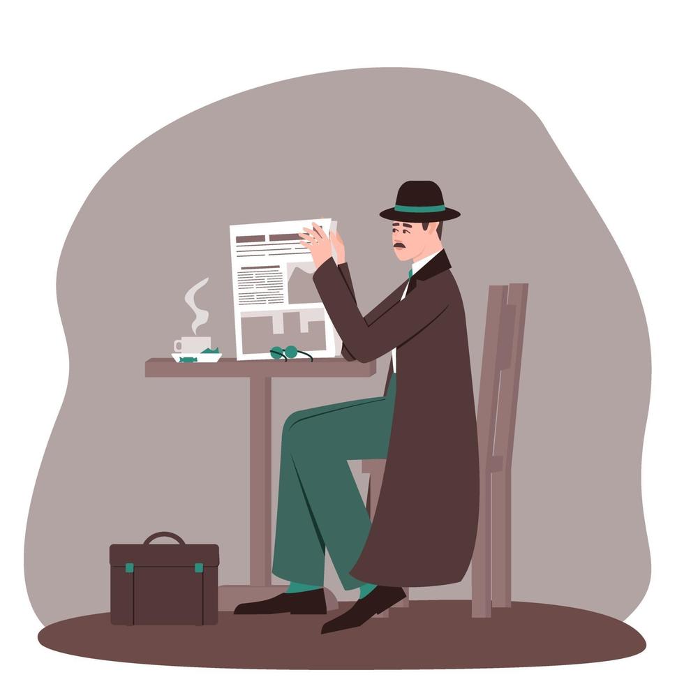 The detective sits and reads a newspaper at a table in a street coffee shop vector