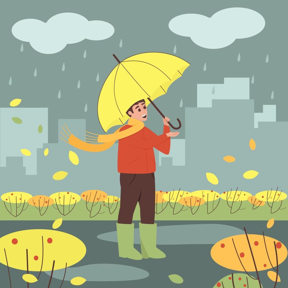 niño se para con un paraguas bajo la lluvia vector