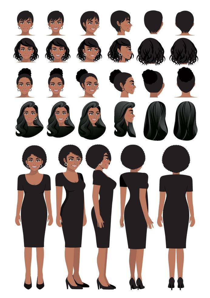 African American businesswoman cartoon character in black dress and different hairstyle for animation design vector collection