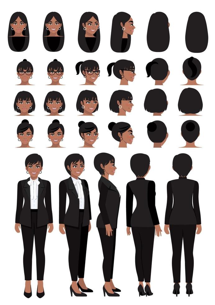 African American businesswoman cartoon character in black smart suit and different hairstyle for animation design vector collection