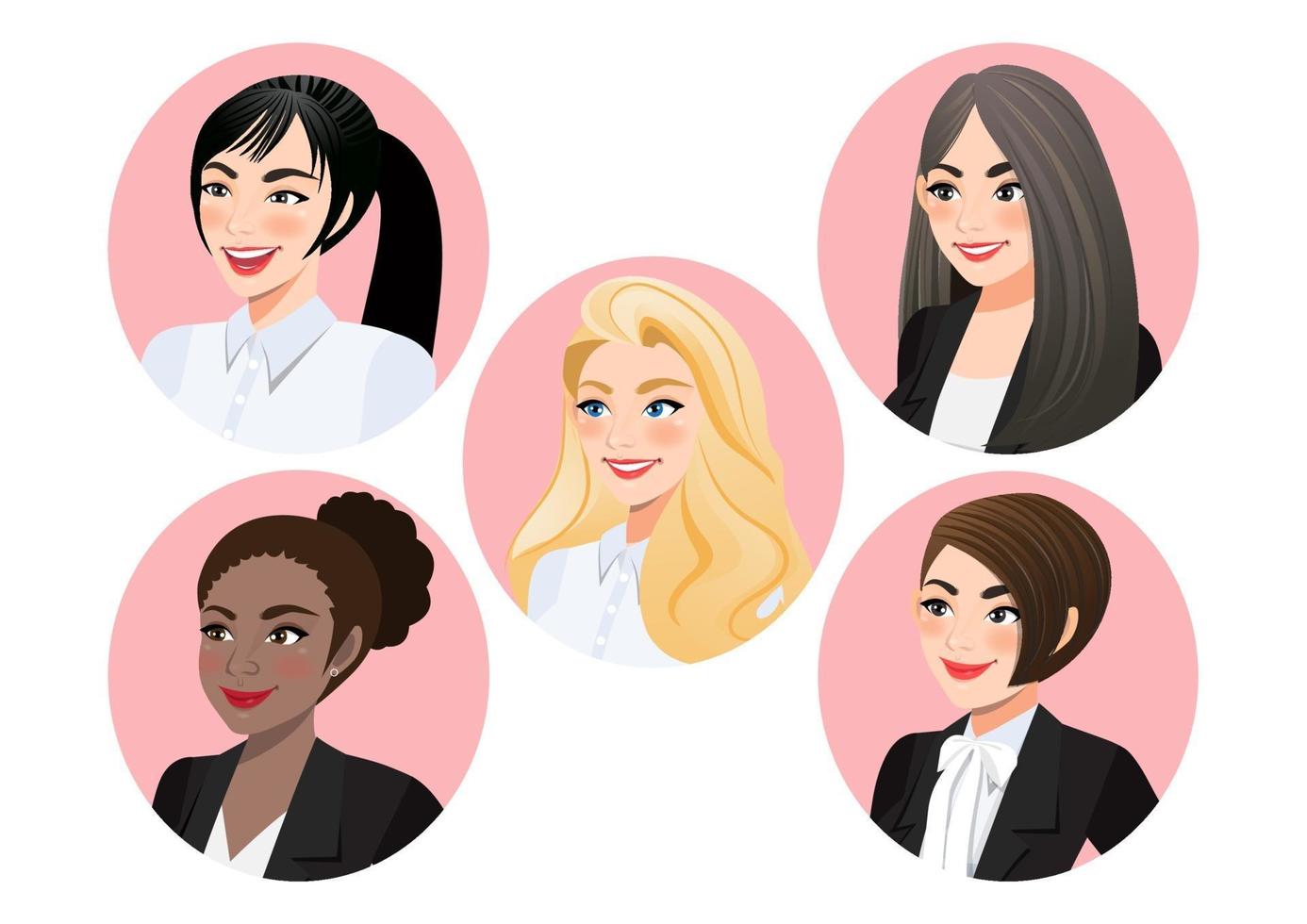 conjunto de caras de mujeres de negocios en perfil para pose 3-4 carácter de vista, diversidad. avatares. vector ilustración plana