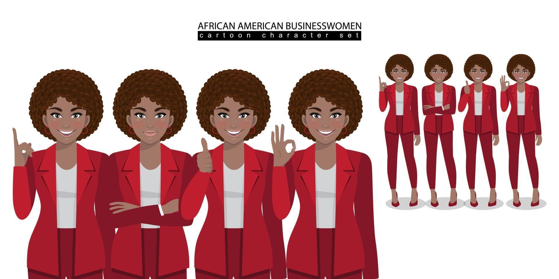 African American business woman cartoon character in different poses isolated vector illustration